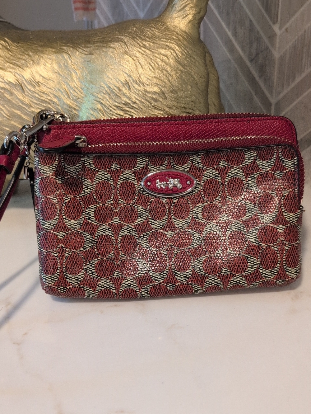 Coach Maroon Coated Canvas Signature Double Zip Wristlet with Silver Hardwear